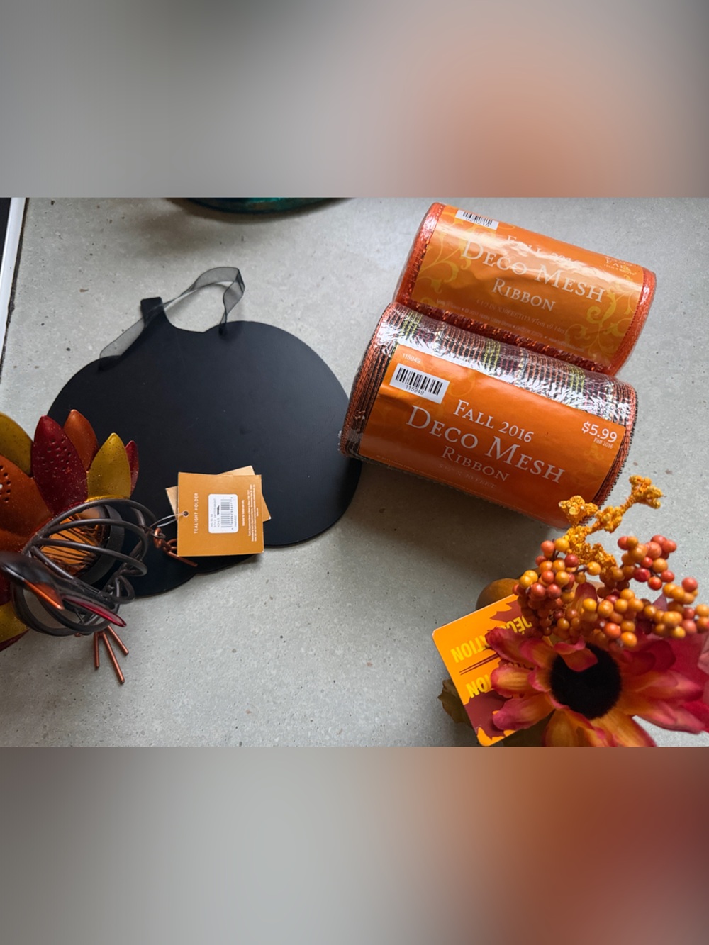 Autumn Orange Deco Mesh Ribbon Bundle with Fall Floral Accents